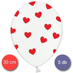 Fehér lufi piros szívekkel díszítve, 30cm,  5 db/cs
