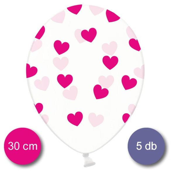 Átlátszó lufi fuxia szívekkel díszítve, 30cm,  5 db/cs