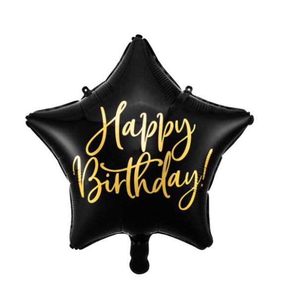 Fólia lufi, csillag alakú, fekete 40cm,  Happy Birthday felirattal