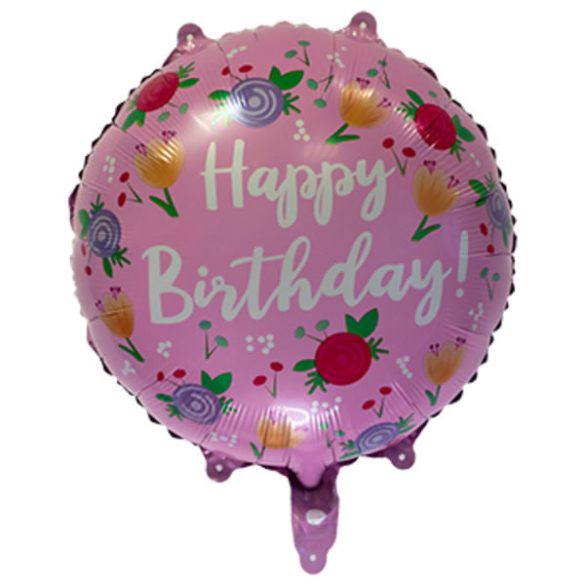 Happy Birthday,  rózsaszín, virágos, fólia lufi, 45 cm