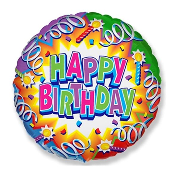 Fólia lufi, 18"/45cm, gömb, Happy Birthday, szerpentines