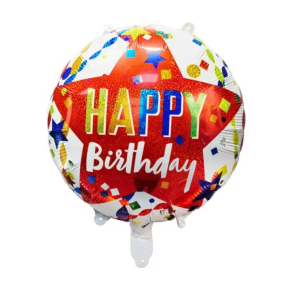 Happy Birthday, fehér, piros csillagos, fólia lufi, 45 cm